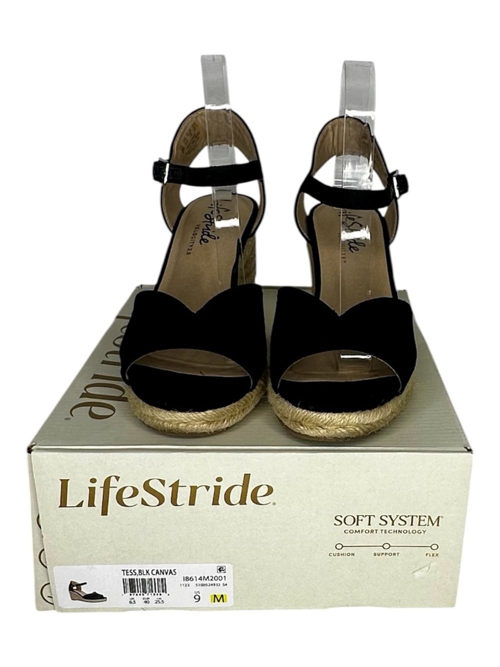 Life Stride Black Canvas Espadrille Wedge Sandals with Ankle Buckle Size 9